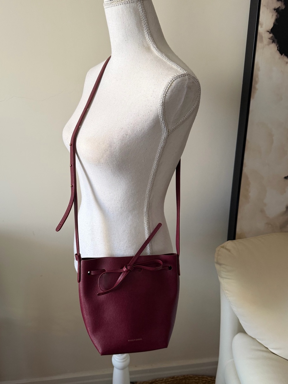 Mansur Gavriel Claret Red Textured Leather Mini Crossbody Bucket Bag - Picture 15 of 15